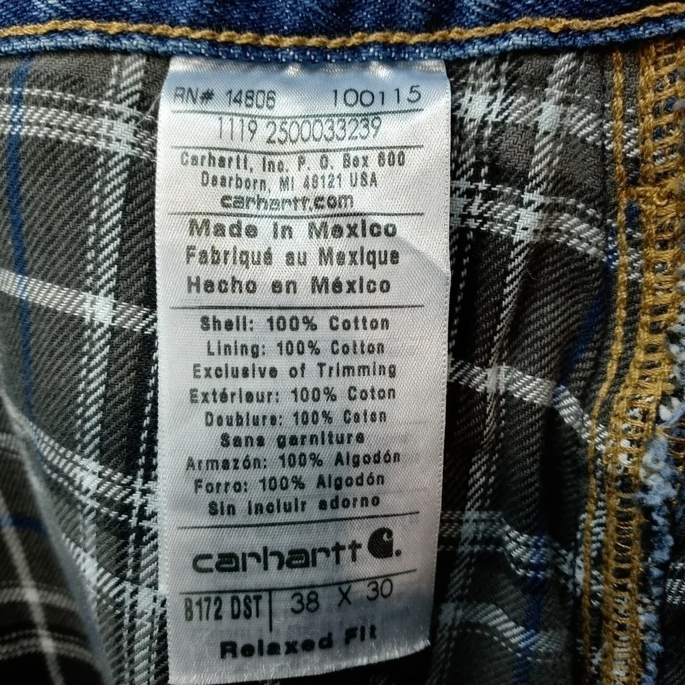 Carhartt B172 DST Relaxed Fit Plaid Flannel Lined Straight Leg blue Jeans Men 38